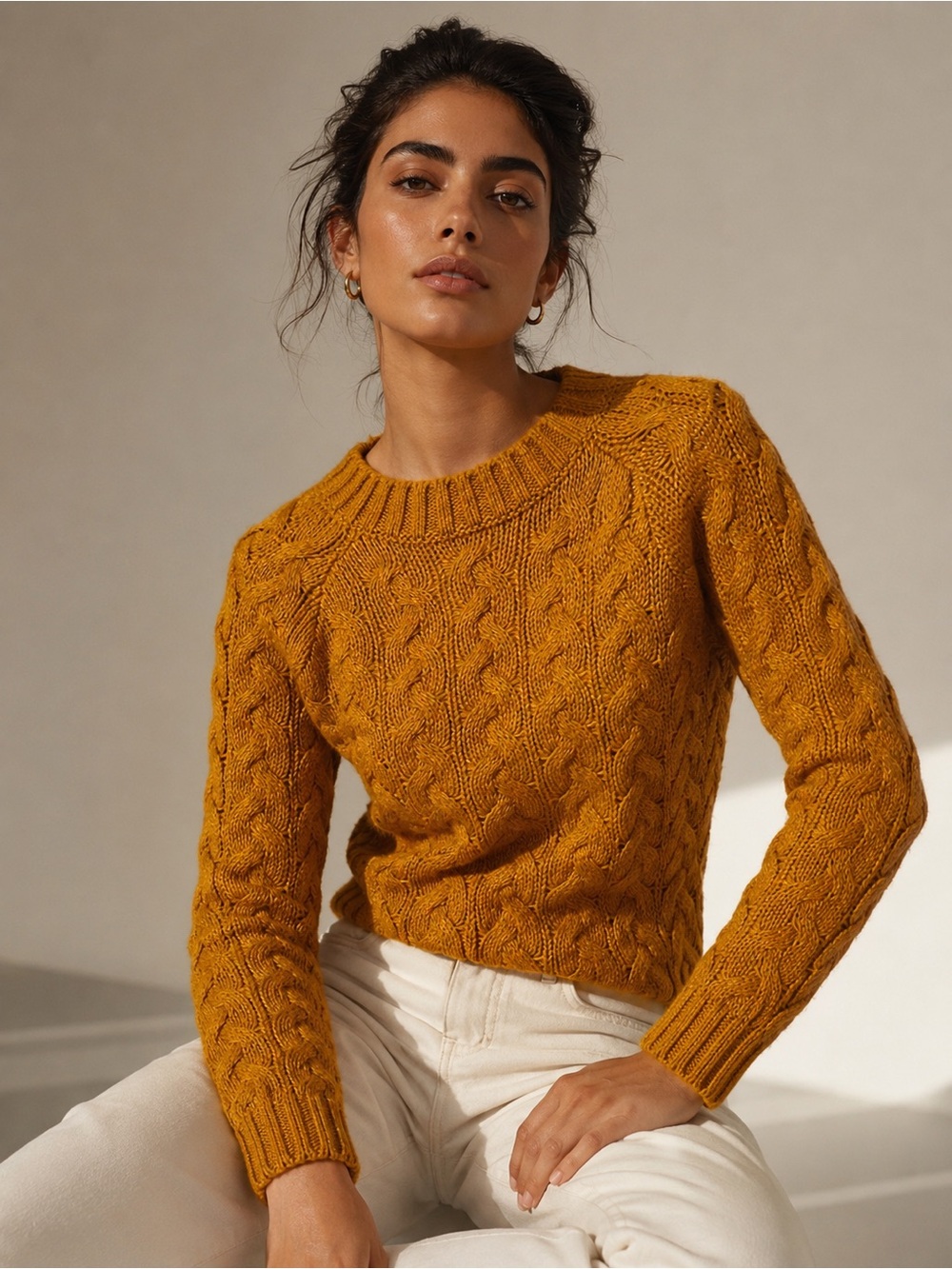 Beautiful chunky  Cable-Knit  Crewneck Sweater in Mustard Gold Size S